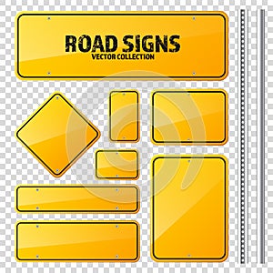 Road yellow traffic sign. Blank board with place for text.Mockup. Isolated information sign. Direction. Vector