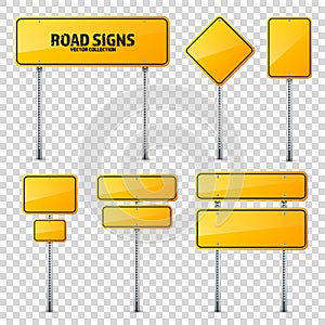 Road yellow traffic sign. Blank board with place for text.Mockup. Isolated information sign. Direction. Vector