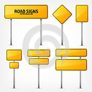 Road yellow traffic sign. Blank board with place for text.Mockup. Isolated information sign. Direction. Vector