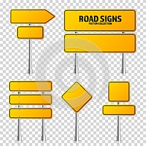 Road yellow traffic signs set. Blank board with place for text. Mockup. Isolated information sign. Direction. Vector