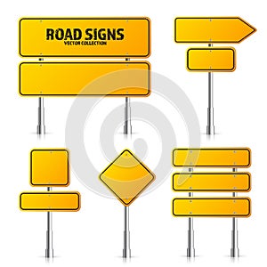 Road yellow traffic signs set. Blank board with place for text. Mockup. Isolated information sign. Direction. Vector