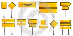 Road yellow traffic signs set. Blank board with place for text. Mockup. Isolated information sign. Direction. Vector