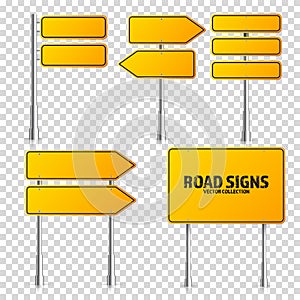 Road yellow traffic signs set. Blank board with place for text. Mockup. Isolated information sign. Direction. Vector