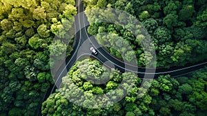 A road and your journey, Arial view of a lone vehicle on a winding rural forestry road as it approaches turns