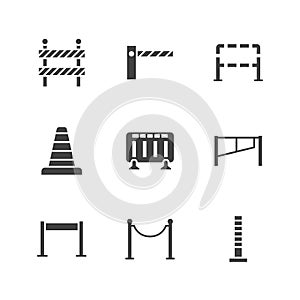 Roadblock flat glyph icons set. Barrier, crowd control barricades, rope stanchion vector illustrations. Black signs for