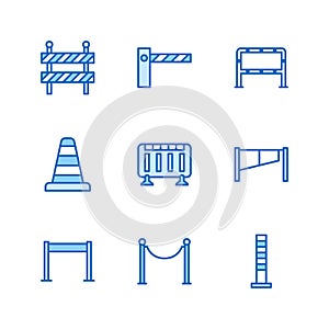 Roadblock flat line icons set. Barrier, crowd control barricades, rope stanchion vector illustrations. Outline signs for