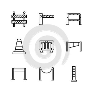 Roadblock flat line icons set. Barrier, crowd control barricades, rope stanchion vector illustrations. Outline signs for