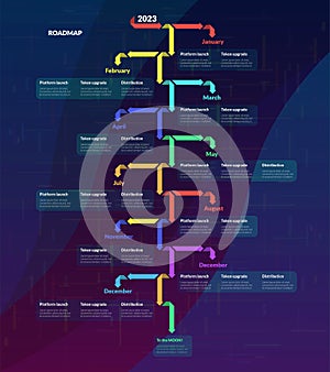 Roadmap with colored arrows on dark background. Vertical infographic timeline template for business presentation. Vector