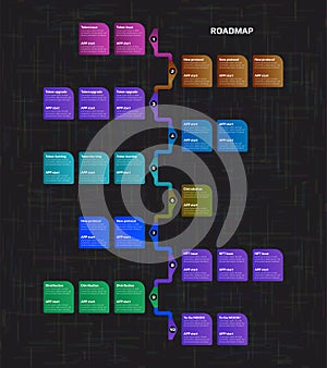 Roadmap with colorful copy space on dark background. Vertical infographic timeline template for business presentation. Vector