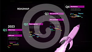 Roadmap with four sections in upward trend and spaceship on dark background. Infographic timeline template for business