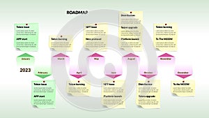 Roadmap with red arrows and yellow stickers with curled corner on light background. Infographic timeline template for business