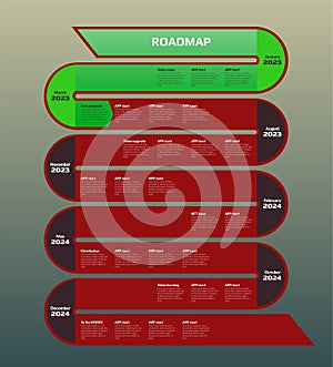 Roadmap with red winding road and green completed milestones on gray background. Vertical infographic timeline template for