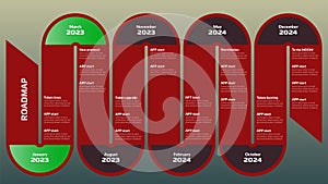 Roadmap with red winding road and many stages on gray background. Horizontal infographic timeline template for business