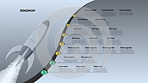 Roadmap with space shuttle and sections on silver background. Infographic timeline template for business presentation. Vector