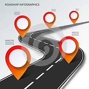 Roadmap timeline infographic template with 5 pin pointers on the way. Vector illustration.
