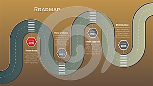 Roadmap with winding road and stop signs on stages on brown background. Horizontal infographic timeline template for business