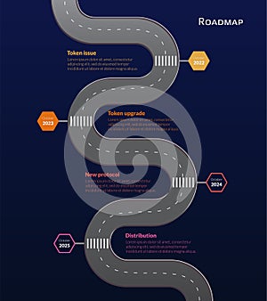 Roadmap with winding road and stop signs on stages on dark blue background. Vertical infographic timeline template for