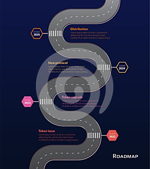 Roadmap with winding road and stop signs on stages on dark blue background. Vertical infographic timeline template for business