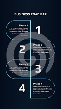 Roadmap with winding stages on dark blue background. Vertical infographic timeline template for business presentation. Vector