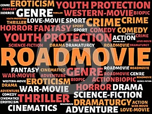 ROADMOVIE - image with words associated with the topic MOVIE, word, image, illustration