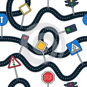 Roadn and sign Seamless vector pattern. Roads and road signs. Top view Vector illustration. Crossroads with flyovers. View from