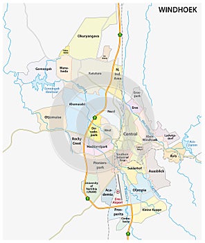 Roads, administrative and political map of the Namibian capital Windhoek