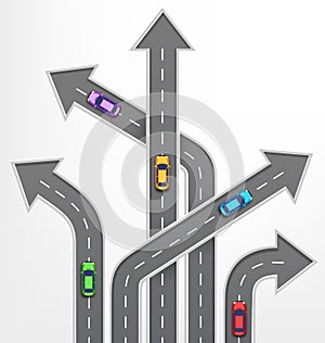 Roads Arrows Travel Background with Cars on White