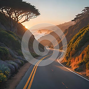 Roads of the California Pacific Coast Highway in the morning, an empty road with rare cars, a journey along the sea,