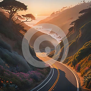 Roads of the California Pacific Coast Highway in the morning, an empty road with rare cars, a journey along the sea,