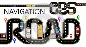 Roads, cars, navigator tags. The highway is stylized under the inscription GPS-navigator and road. Isolated Illustration