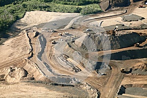 The roads and equipment in an open pit phosphate mine.