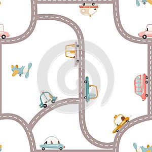 Roads Kids Seamless Pattern with Cartoon Cars. Vector Illustration. Cute City Map Background for Kids Fabric, Textile, Wrapping
