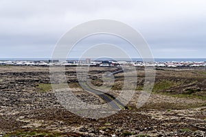 Roads through lava fields in Grindavik, Iceland on the Reykjanes Peninsula