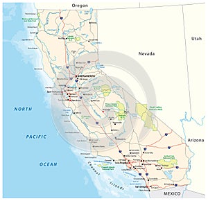 Roads and national park vector map of the US state of California