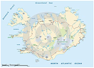 Roads and national parks map of the european island nation of iceland