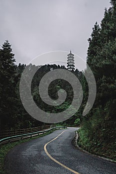 Roads and pagoda on Mingyue Mountain, Jiangxi, China