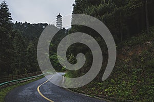 Roads and pagoda on Mingyue Mountain, Jiangxi, China