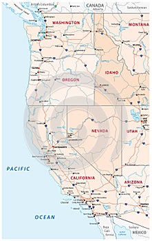 Roads, political and administrative map of the Western United States of America