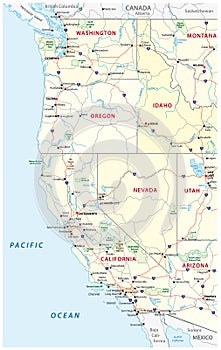 Roads, political and administrative map of the Western United States of America with National Parks