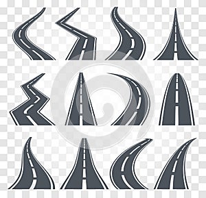 Roads set. Highway vector illustration on transparent baclground. Asphalt road, street icon.