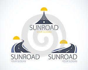 The roads to the setting sun, curved highways vector perfect design illustrations or logos set. Camping, travel and tourism theme