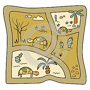 Roads with turtles, palm trees, cacti in Doodle style . A poster for children or a play surface, a maze . Hand drawn Vector