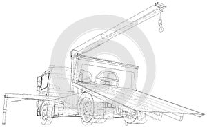 Roadside assistance tow truck illustration car vector. Isolated Wire-frame of breakdown lorry. Wire-frame line isolated