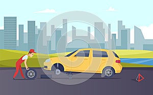 Roadside assistance. Vector tire fitting service. Cartoon car mechanic changing car wheels on road illustration