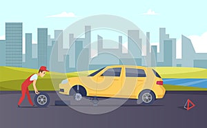 Roadside assistance. Vector tire fitting service. Cartoon car mechanic changing car wheels on road illustration photo