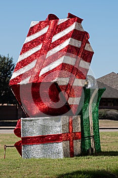 Roadside display of gift-wrapped Christmas gifts