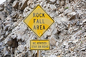 Roadside hazard sign rock fall advisory caution