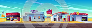 Roadside motel, oil station, cafe and car service.