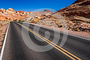 Roadside photo of the colourful landscape in Valley of Fire State Park, Nevada, USA.