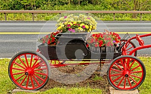 roadside red and yellow Spring flowers in retro black carriage with red spoked wheels photo